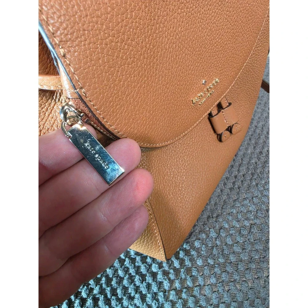 Kate Spade New York Pebbled Leather Backpack Ginger Tea Brown Drawstring Flap